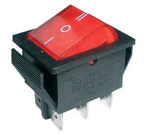 Přepínač kolébkový 3pol./6pin ON-OFF-ON 250V/15A průsvitný červený