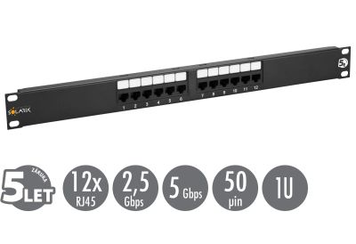 19" patch panel Solarix 12 x RJ45 CAT5E UTP 150 MHz černý 1U SX12-5E-UTP-BK