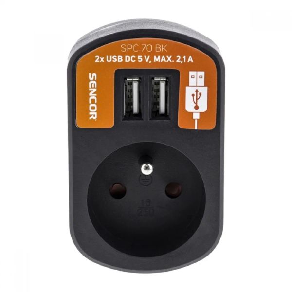 Prodlužovací přívod 1 zásuvka, 2x USB, 5V/2100mA SENCOR SPC 70 BK