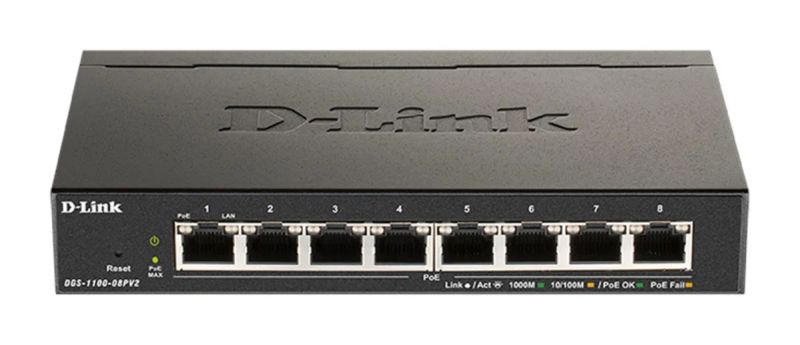 D-Link DGS-1100-08PV2 Smart Switch, 8x 1000Base-T 802.3at PoE, 64W PoE budget, Fanless