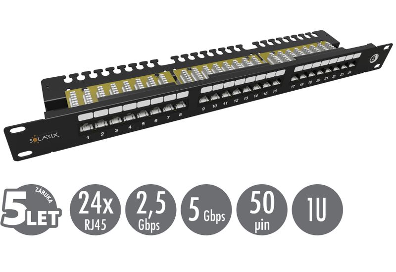 19" patch panel Solarix 24 x RJ45 CAT6 UTP s vyvazovací lištou 1U SX24L-6-UTP-BK-N