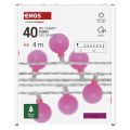LED světelný cherry řetěz – kuličky 2,5 cm, 4 m, venkovní i vnitřní, růžová, časovač