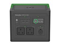 Schneider OffGrid 500 - Prenosná napájecí stanice - LCD, 2 zásuvky BS1363, sinusový prubeh, 3 USB-A, 2 USB-C, bezdrátová nabíjecka - AC 195 - 265 / DC 12 -30 V - 500 watt - lithium-iontová - 517 Wh - výstupní konektory: 2 - Velká Británie - cerná, zelená