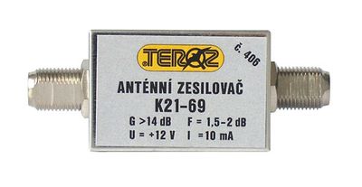 Anténní zesilovač TEROZ 406X, nízkošumový, UHF, G14dB, F1,5dB, U98dBµV, F-F