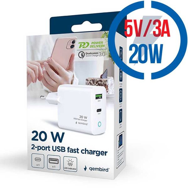 GEMBIRD TA-UC-PDQC20L-W-01, Nabíječka, USB/USB-C