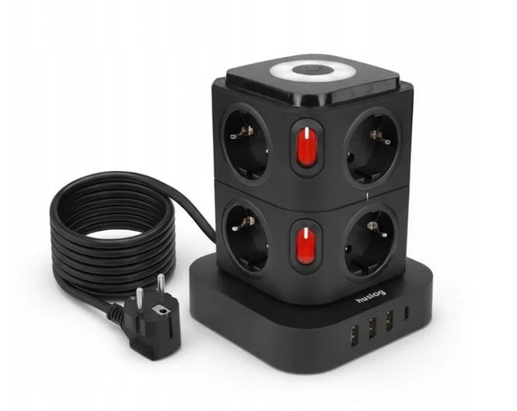 Nabíjacia stanica Huslog 15W 8xzásuvka, 1xUSB-C, 3xUSB, 1x LED svetlo čierna
