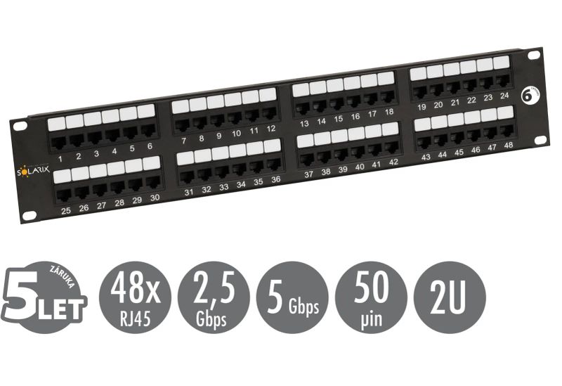19" patch panel Solarix 48 x RJ45 CAT6 UTP 350 MHz černý 2U SX48-6-UTP-BK