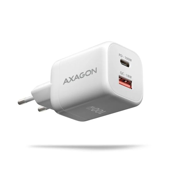 AXAGON ACU-PQ100W, GaN nabíjačka do siete 100W, USB-A+USB-C, PD3.0/PPS/QC4+/SFC2.0/Apple, biela