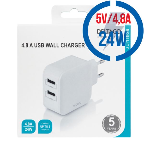 DELTACO USB-AC175, 2x USB A, Nabíječka, bílá