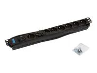 19'' rozvodný panel 1U 8xCZ zásuvka, bleskopojistka, max 16 A, kabel 3x1,5mm, délka 2m černý RAL9005