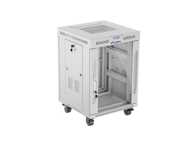 19" Volně stojící racková skříň 15U 600X600 šedé skleněné dveře lcd lanberg (flat pack) V2