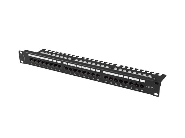 Lanberg patch panel 24 portů 1U 19" CAT.6A utp s policí černý