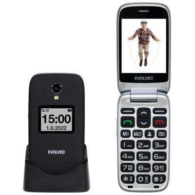 EVOLVEO EasyPhone FS, vyklápěcí telefon 2.8" pro seniory s nabíjecím stojánkem (černá barva)