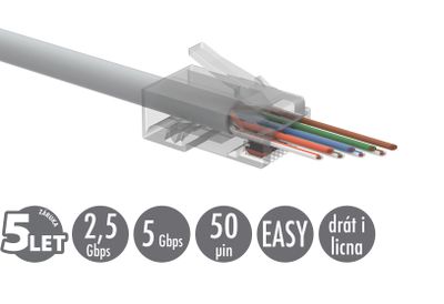 Univerzální EASY konektor RJ45 CAT5E UTP 8p8c na drát i licnu SXRJ45-5E-UTP-EASY 100ks