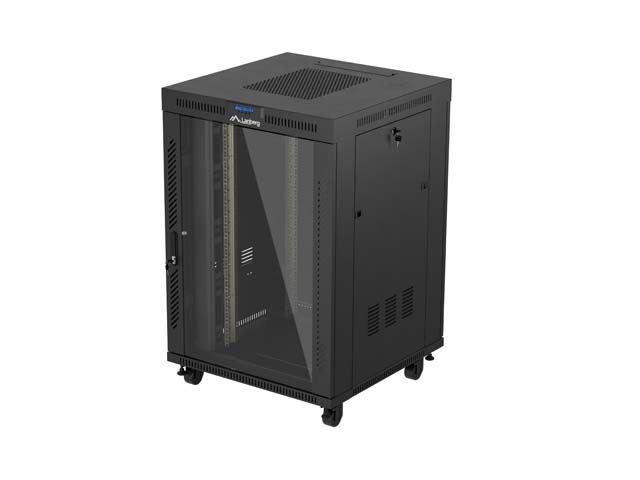 19" Volně stojící racková skříň 22u/800x800 (flat pack) s prosklenými dveřmi lcd černá lanberg V2