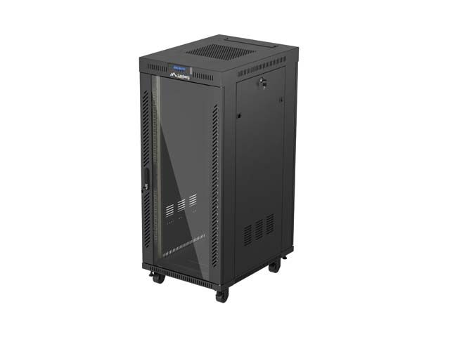 19" Volně stojící racková skříň 27u/600x800 (flat pack) s prosklenými dveřmi lcd černá lanberg V2