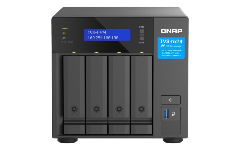 QNAP TVS-h474-PT-8G (2core 3,7GHz, ZFS, 8GB RAM, 4x SATA, 2x M.2 NVMe, 2x PCIe, 2x 2,5GbE, 1x HDMI)