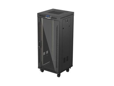 19" Volně stojící racková skříň 27u/600x600 (flat pack) s prosklenými dveřmi lcd černá lanberg V2