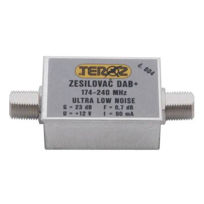 Anténní zesilovač TEROZ 604X, nízkosvumový, DAB, G23dB, F0,7dB, U>120dBµV, F-F