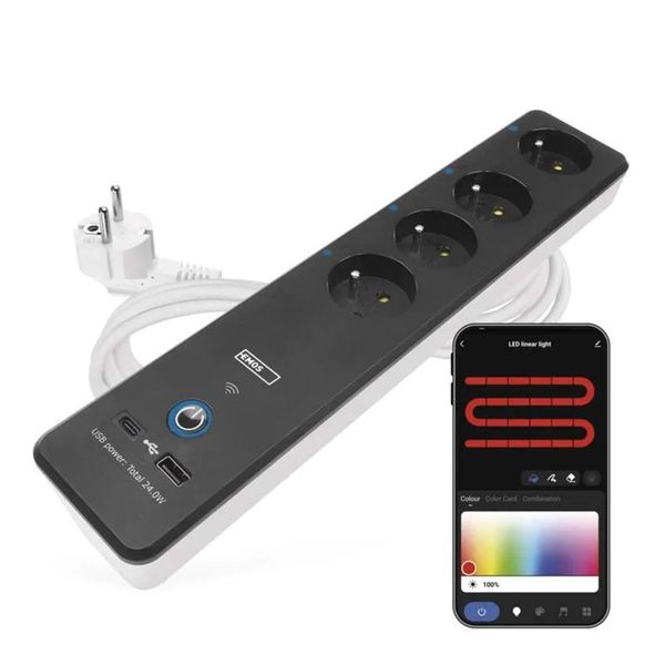 GoSmart prodlužovací přívod 4 zásuvky 2m EMOS P1412SM s vyp./USB/bílá-černá/PVC/WiFi