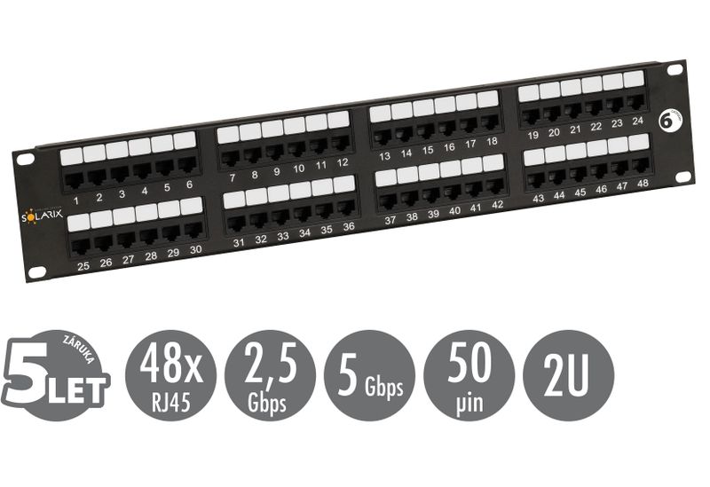 19" patch panel Solarix 48 x RJ45 CAT6 UTP 350 MHz černý 2U SX48-6-UTP-BK