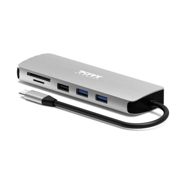 PORT CONNECT USB-C 1× 4K dokovací stanice, 9v1, hliníková konstrukce, 85W PD, stříbrná