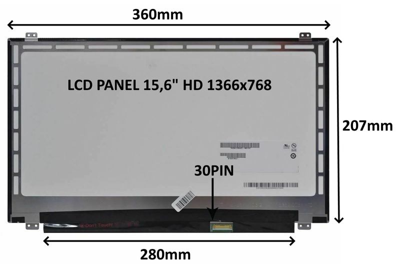 LCD PANEL 15,6" HD 1366x768 30PIN LESKLÝ / ÚCHYTY NAHOŘE A DOLE