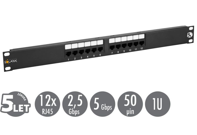 19" patch panel Solarix 12 x RJ45 CAT5E UTP 150 MHz černý 1U SX12-5E-UTP-BK