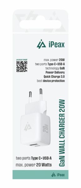 GaN SIEŤOVÁ NABÍJAČKA 20W (USB-C + USB-A) BIELA
