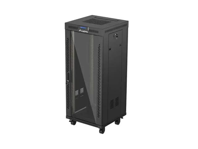 19" Volně stojící racková skříň 27u/600x600 (flat pack) s prosklenými dveřmi lcd černá lanberg V2
