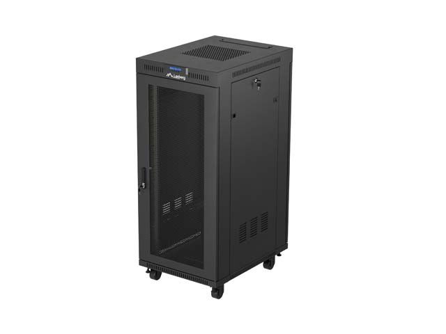 19" Volně stojící racková skříň 27u/600x800 (flat pack) se síťovými dveřmi lcd černá lanberg V2