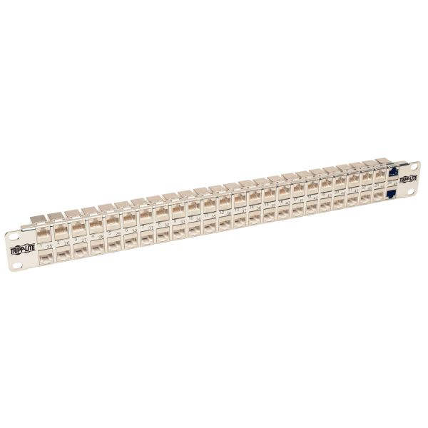 Patch panel průchozí STP stíněný pro montáž do racku 1U, 48x Cat6a, RJ45 Ethernet