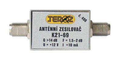 Anténní zesilovač TEROZ 406X, nízkošumový, UHF, G14dB, F1,5dB, U98dBµV, F-F
