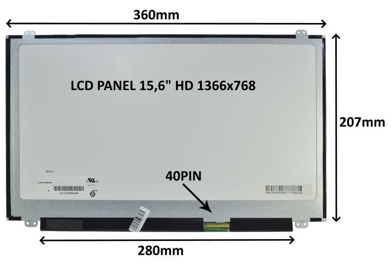 LCD PANEL 15,6" HD 1366x768 40PIN MATNÝ / ÚCHYTY NAHOŘE A DOLE