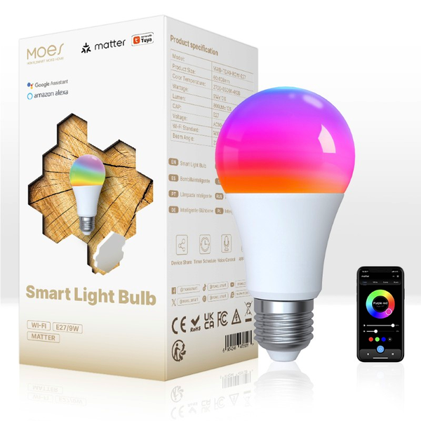 Inteligentní LED žárovka E27 9W RGB CCT MOES MWB-TDA9-RCW-E27 WiFi Tuya