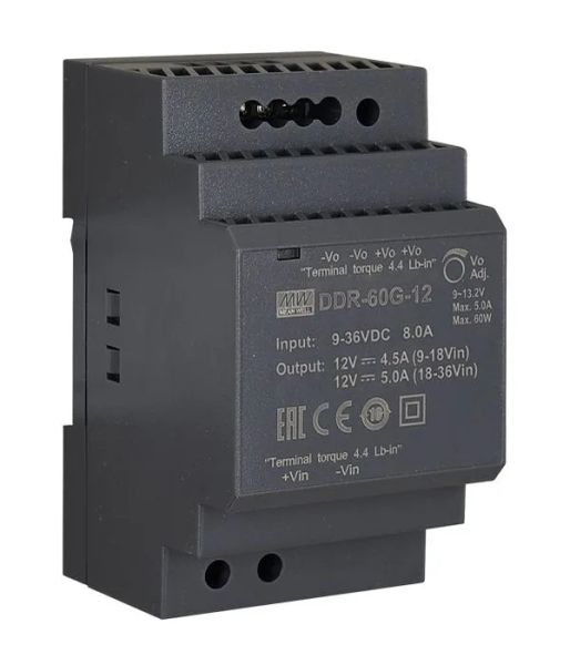 MEANWELL - DDR-60G-12 - Priemyselný menič napätia z 9-36V na 12V 60W na DIN