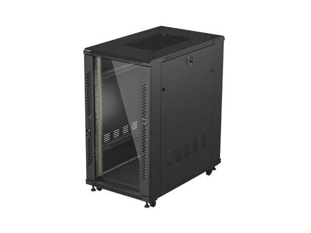 19" Volně stojící racková skříň 22U 600X1000 černé skleněné dveře lanberg (ploché balení)