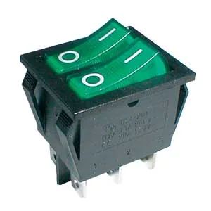 Přepínač kolébkový 2x(2pol./3pin) ON-OFF 250V/15A proz. zelený
