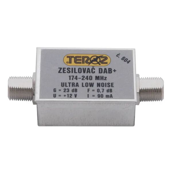 Anténní zesilovač TEROZ 604X, nízkosvumový, DAB, G23dB, F0,7dB, U>120dBµV, F-F