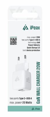 GaN SIEŤOVÁ NABÍJAČKA 20W (USB-C + USB-A) BIELA