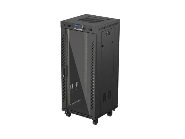 19" Volně stojící racková skříň 27u/600x600 (flat pack) s prosklenými dveřmi lcd černá lanberg V2
