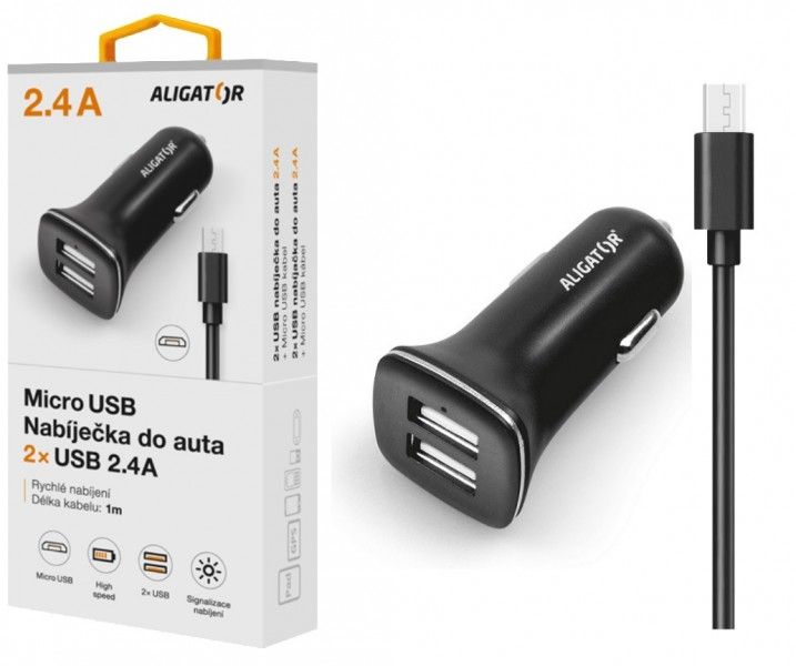 ALIGATOR Nabí. do auta microUSB 2,4A TCH černá