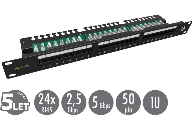 19" patch panel Solarix 24 x RJ45 CAT5E UTP s vyvazovací lištou 1U SX24L-5E-UTP-BK-N