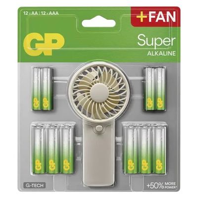 Baterie AA/AAA alkalická GP Super 24ks + ruční ventilátor