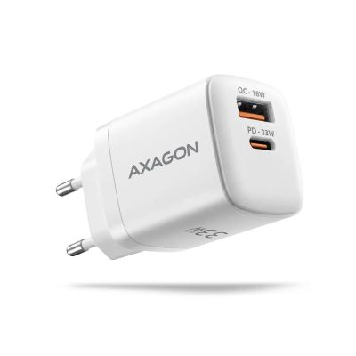 AXAGON ACU-PQ33W, GaN nabíjačka do siete 33W, USB-A+USB-C, PD3.0/PPS/QC4+/SFC2.0/Apple, biela