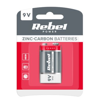 Baterie 6F22 (9V) Zn-Cl REBEL 1ks / blister BAT0082B