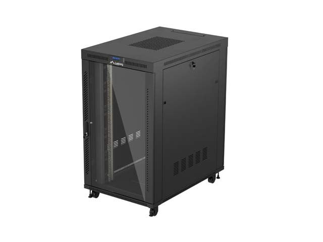 19" Volně stojící racková skříň 27u/800x1200 (flat pack) s prosklenými dveřmi lcd černá lanberg