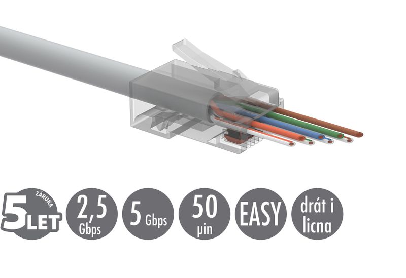 Univerzální EASY konektor RJ45 CAT5E UTP 8p8c na drát i licnu SXRJ45-5E-UTP-EASY 100ks