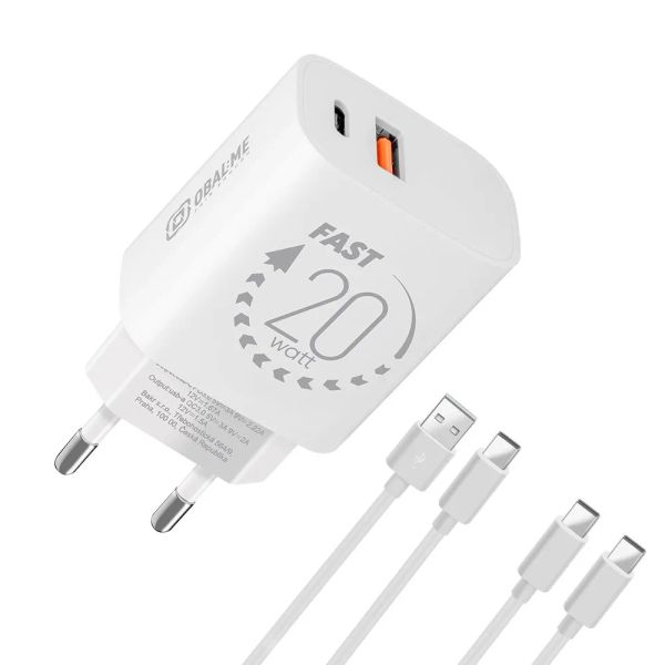 OBAL:ME Cestovní Nabíječka USB-A + USB-C 20W + 2x kabel 1m White