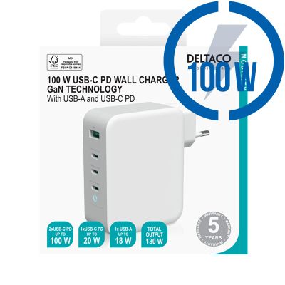 DELTACO USBC-GAN04, 3xType C/USB, Nabíječka